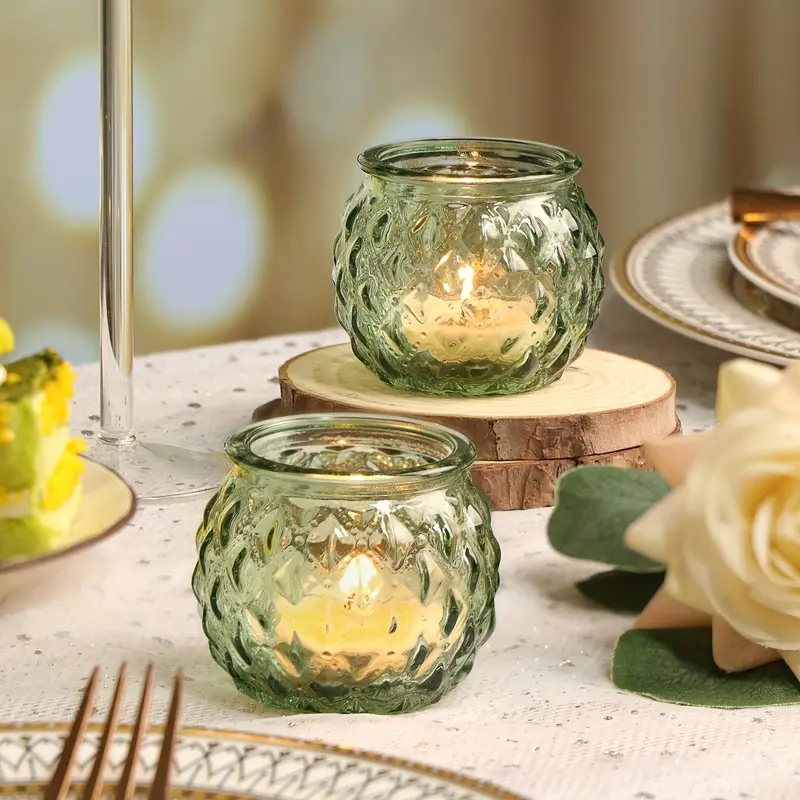 Votive Holder Amber Glass Diamond Texture Faceted Surface Boho