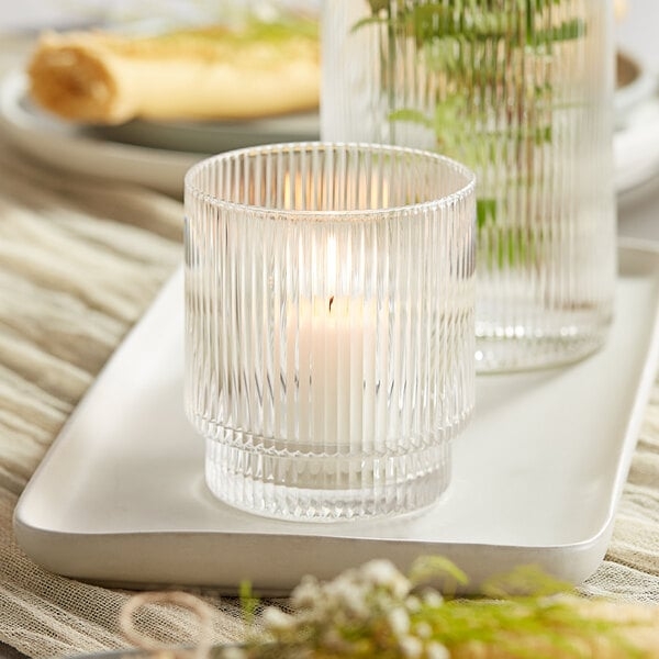 Votive Holder Clear Glass Ribbed Surface Thick Base Classic Style