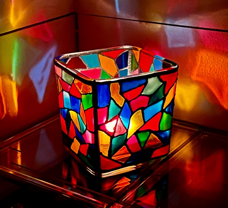 Votive Holder Hand Painted Stained Glass Mosaic Floral Motif