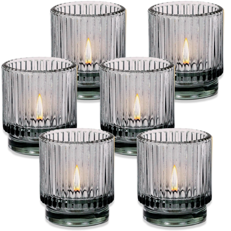 Votive Holder in Smoke Gray with Vertical Ribbed Glass Texture