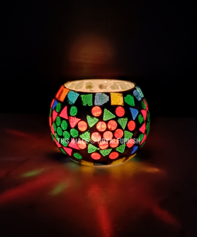 Votive Holder Mosaic Tiling Multicolored Glass Rounded Bohemian