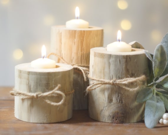 Votive Holder Natural Log Segment with Bark Edge for Cabin Decor