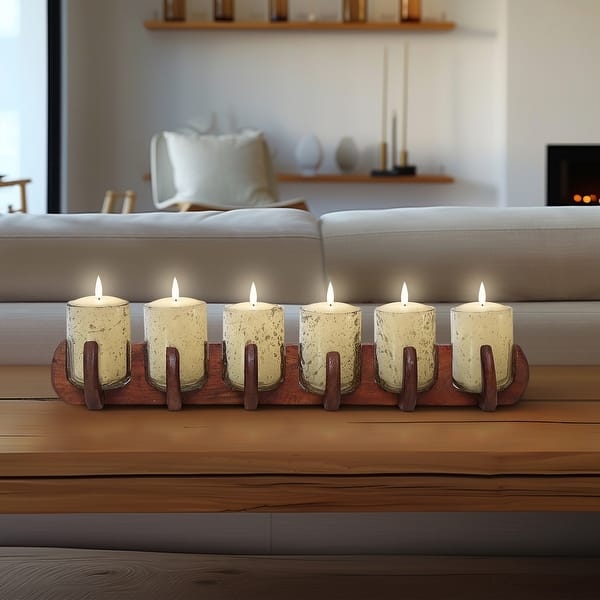 Votive Holder Set Amber Glass Linear Wood Base Modern Organic