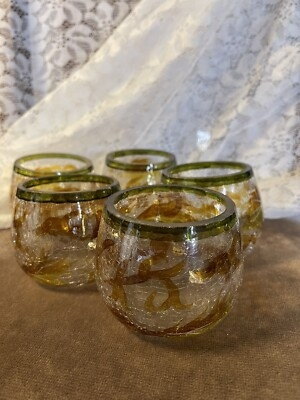 Votive Holder Set Crackled Glass Honey Amber Tone Assorted Shapes
