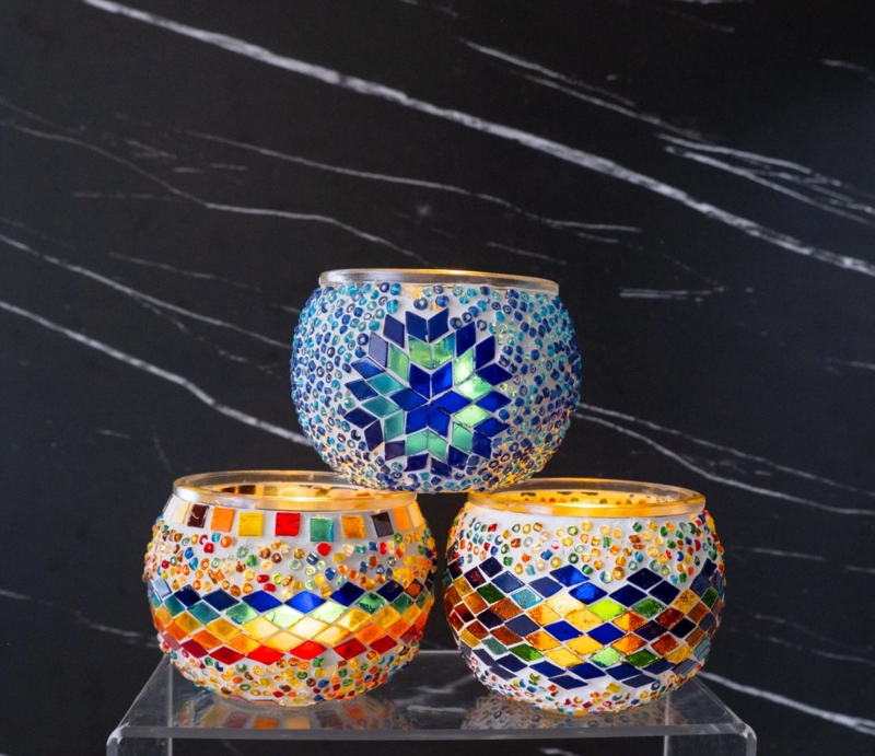 Votive Holder Set Multi-Colored Mosaic Geometric Glass Shards