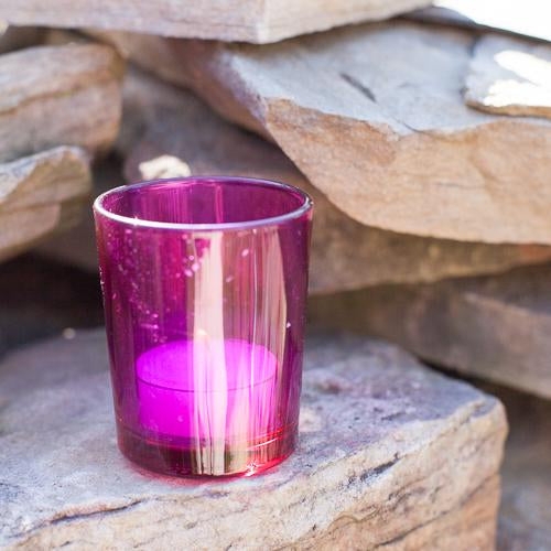 Votive Holder Set of 12 in Pastel Pink Ribbed Glass with Flared Rim