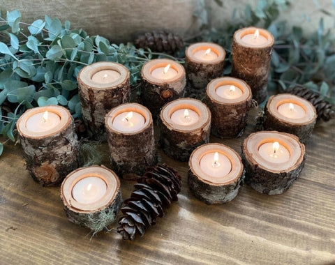 Votive Holder: Set of 12 Natural Bark Exterior for Tea Lights