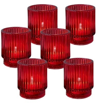 Votive Holder Set, Ribbed Red Glass Gold Rim Table Decor