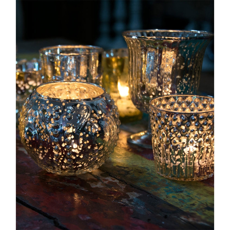 Votive Holder Set Silver Mercury Glass Mixed Textures Antique Ribbed