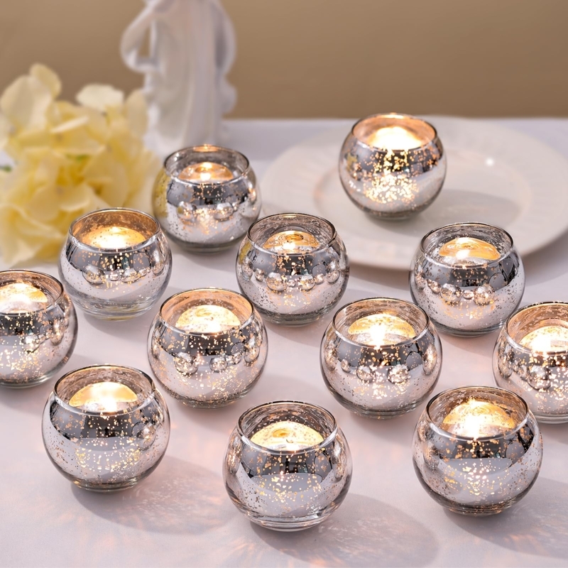 Votive Holder Set Silver Mercury Glass Mottled Texture Festive Accents