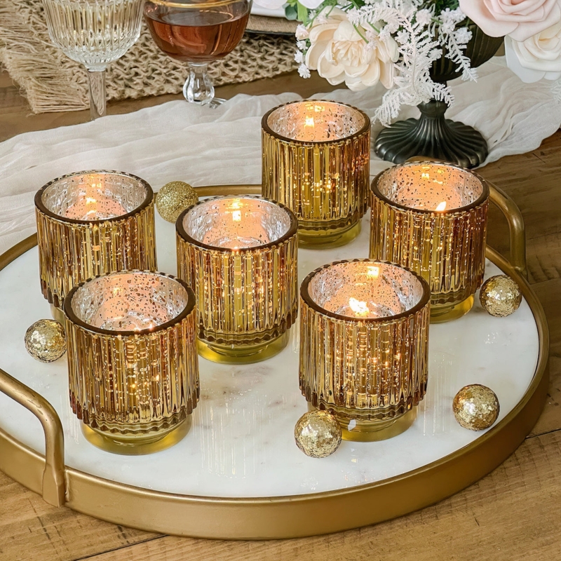 Votive Holders with Vertical Ribbing, Mercury Glass Finish for Glam Decor.