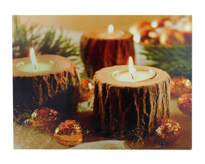 Wall Art Canvas LED Flickering Candles Winter Lodge Scene