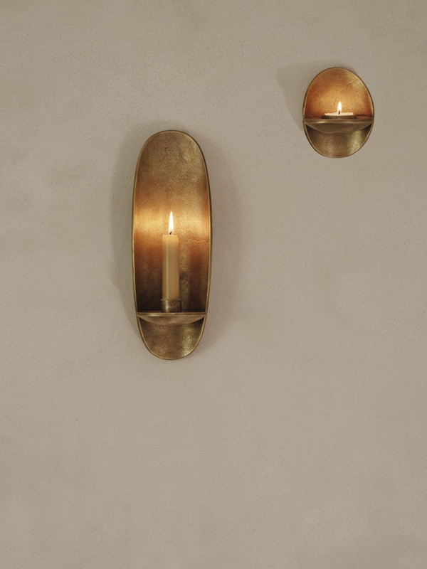 Wall Candle Holder, Curved Brass Backplate, Minimalist Slender Arm