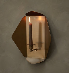Wall Candle Holder, Elongated Vertical Backplate, Warm Brass Finish