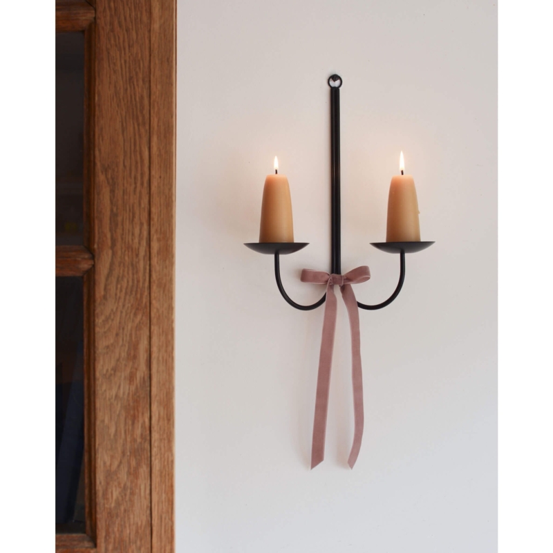 Wall Candle Sconce, Double Arm Vertical Backplate, Matte Metal