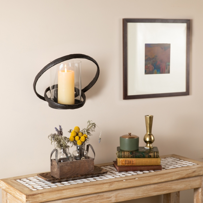 Wall Candle Sconce, Interlocking Rings, Modern Dark Brown Metal