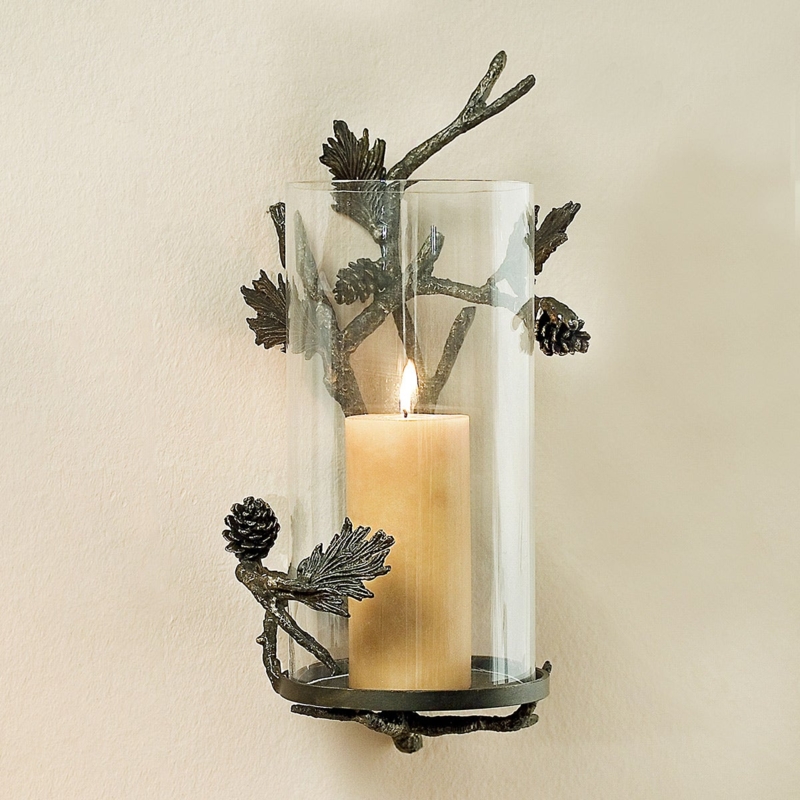 Wall Candle Sconce, Pinecone Motif Backplate, Dark Bronze Finish