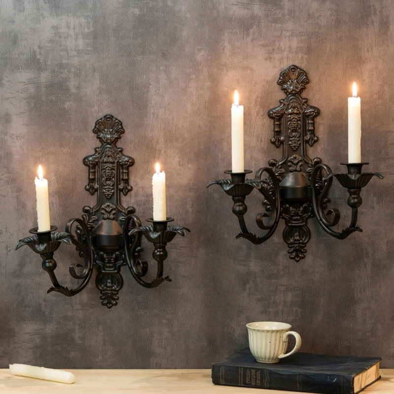 Wall Candle Sconce Set, Gothic Scrollwork, Matte Metal Taper Display