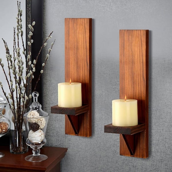 Wall Candle Sconce, Wood Toned Backplate with Scrolled Bracket