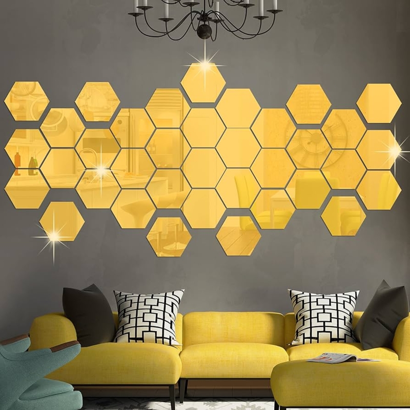 Wall Decals: 36 Piece Acrylic Gold Hexagon Mirror Honeycomb Set