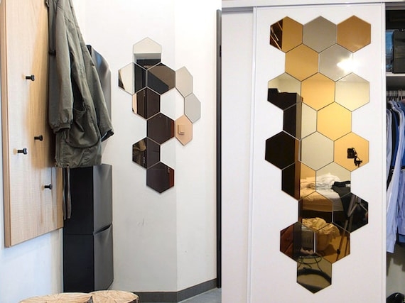 Wall Decals: Peel and Stick Silver Hexagon Mirror Frameless Set of 3