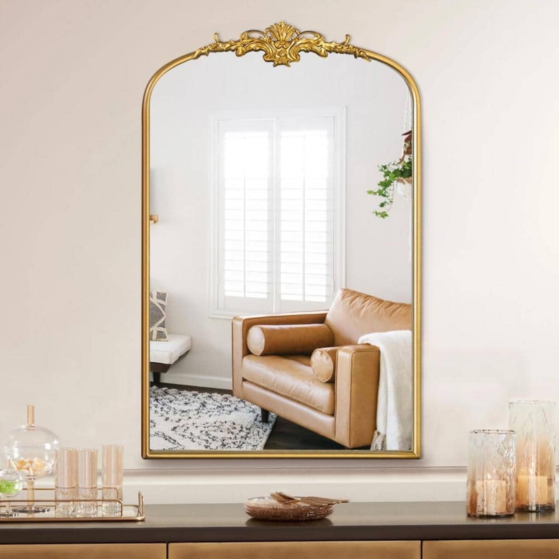 Wall Mirror Antique Gold Baroque Inspired Carvings Arched Decor
