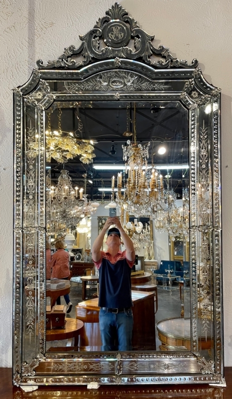 Wall Mirror: Antique Venetian with Ornate Crest & Etched Glass Details
