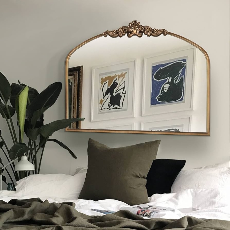 Wall Mirror Arched Silhouette Ornate Baroque Crest Gilded Finish Decor