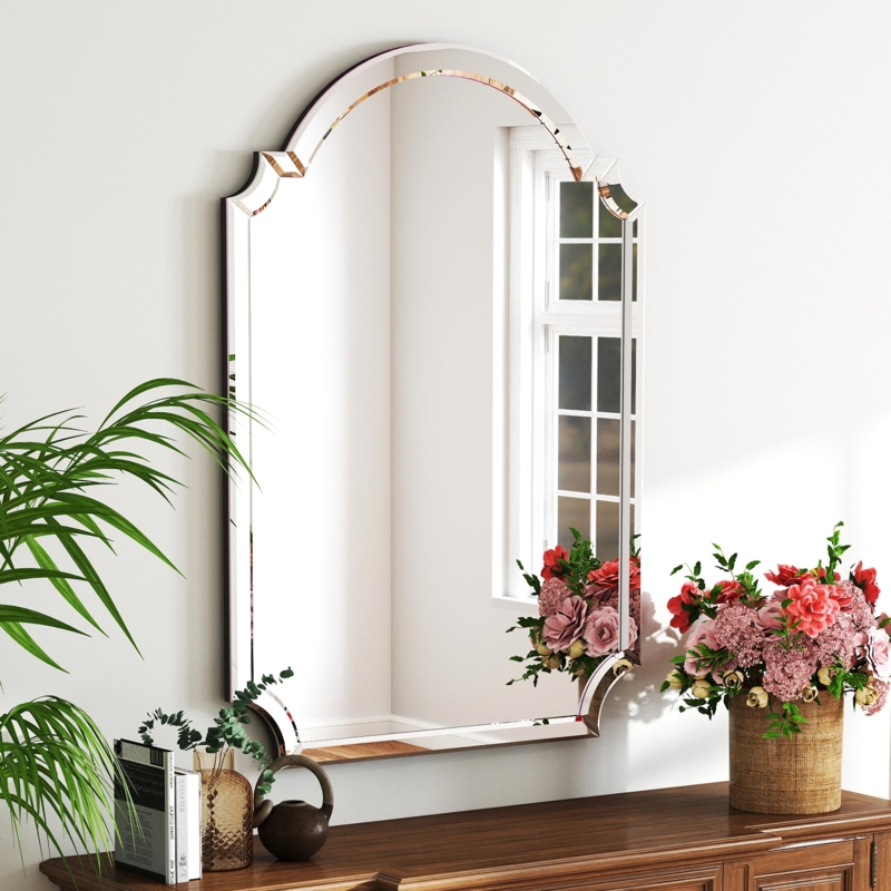 Wall Mirror Arched Silhouette Segmented Beveled Border Double Sink Vanity