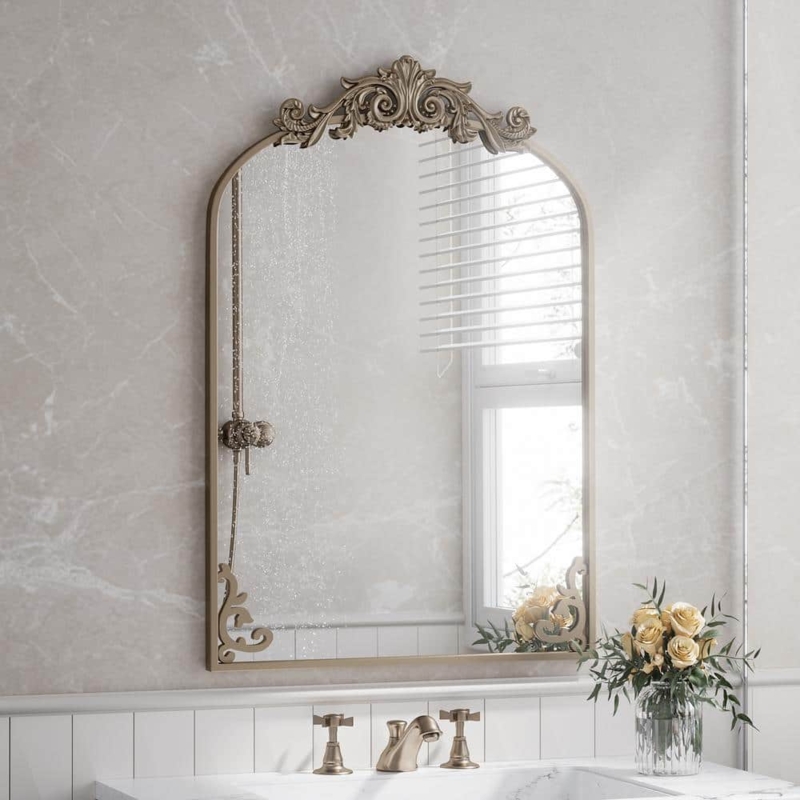 Wall Mirror Arched Silhouette with Carved Crest, Vintage Inspired.
