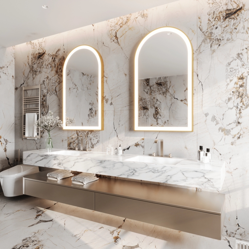 Wall Mirror, Arched Top, Gold Frame, Front-Lit LED. Gold LED Vanity Mirror. (75 chars)