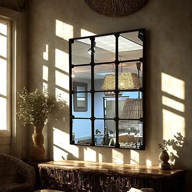 Wall Mirror, Arched Top, Twelve-Pane Grid Layout, Metal Frame, Architectural
