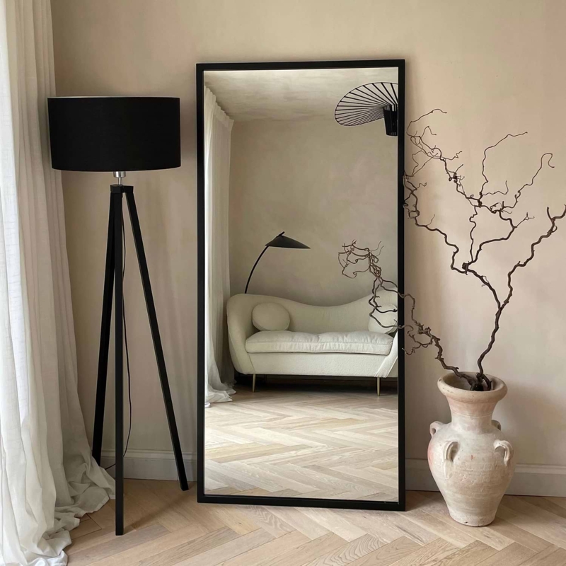 Wall Mirror, Arched Window Pane Design, Black Metal Grid, Leaning Decor