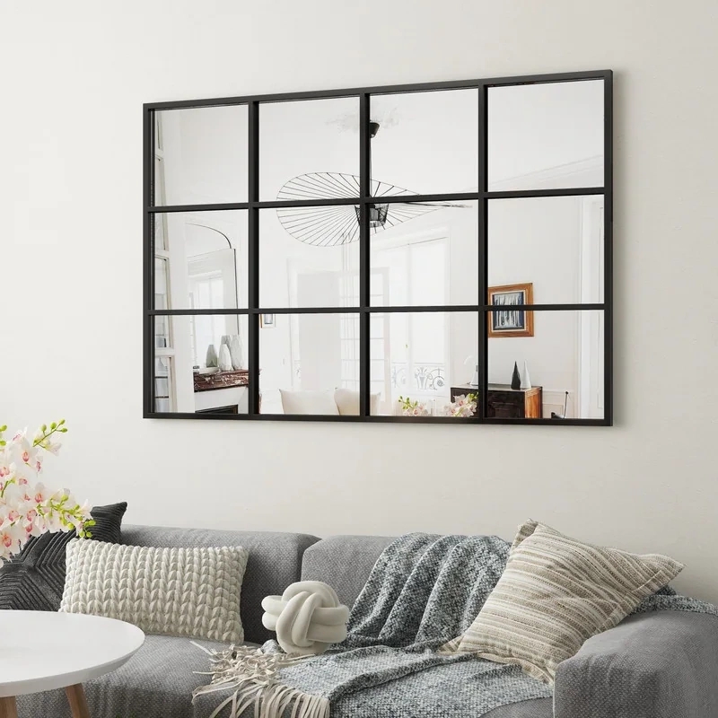 Wall Mirror Arched Windowpane Design Black Metal Frame Industrial