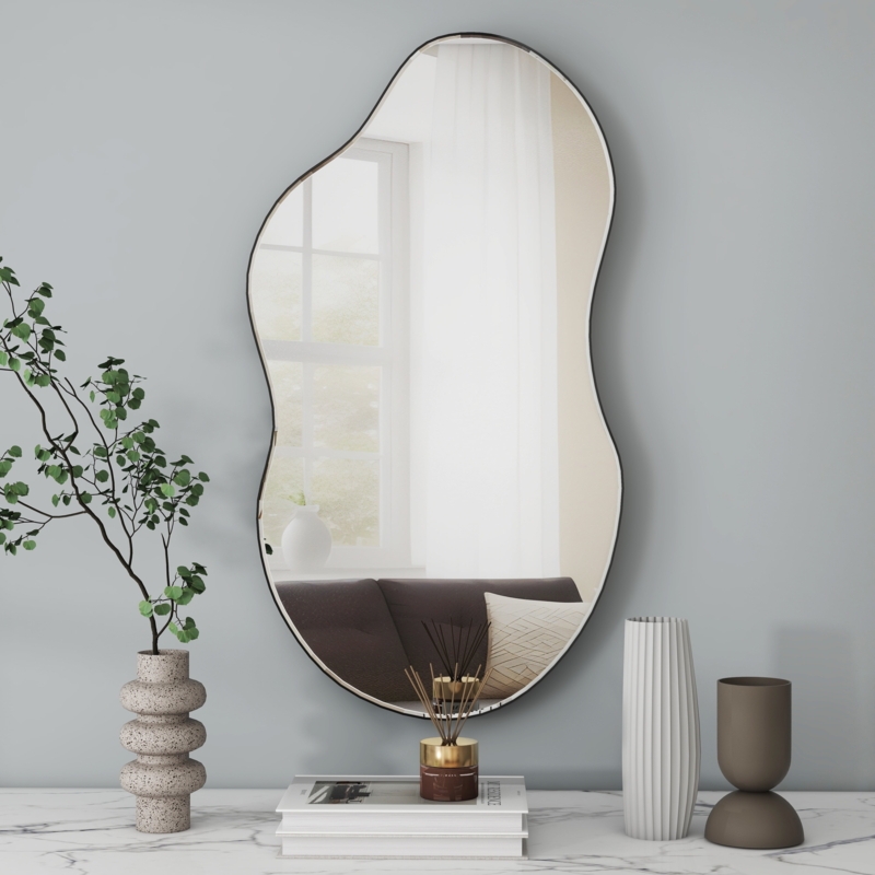 Wall Mirror Asymmetrical Cloud Shape Slim Black Frame