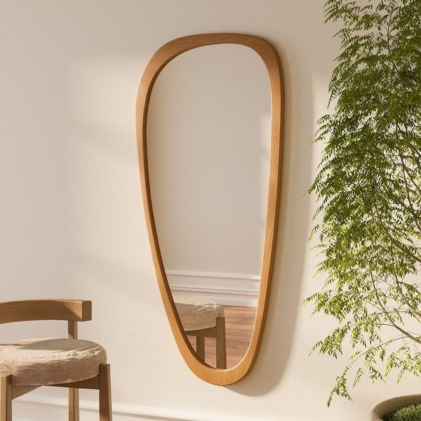 Wall Mirror Asymmetrical Cobblestone Shape Light Wood Frame