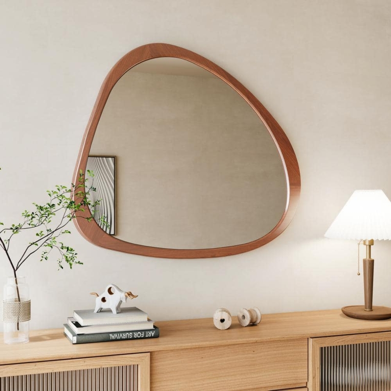 Wall Mirror Asymmetrical Wide Brown Wood Frame Pebble Shape