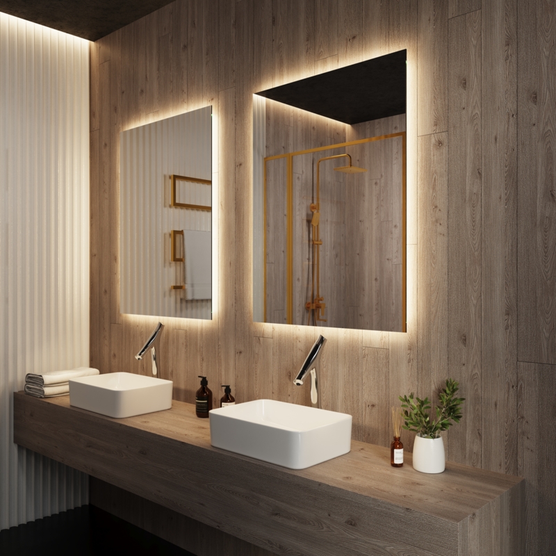 Wall Mirror, Backlit, Frameless Design, Vertical. Vertical Backlit Layout. (74 chars)