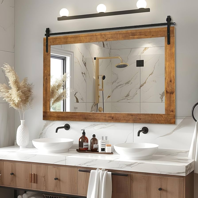 Wall Mirror Barn Door Style Cross Brace Frame Wood Metal Hardware