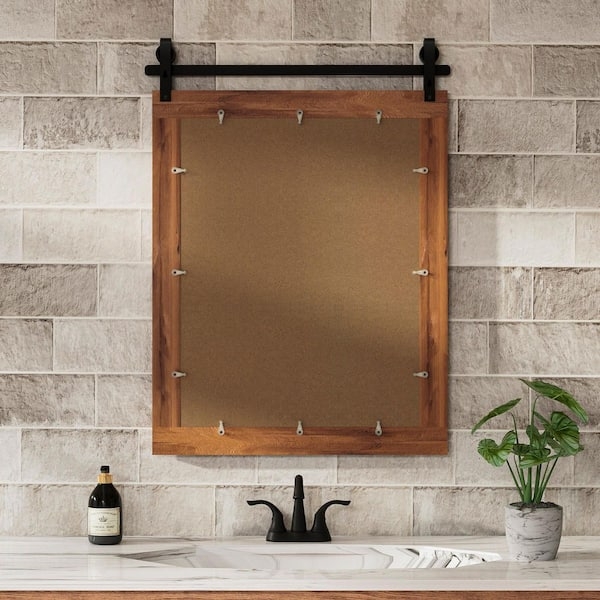 Wall Mirror Barn Door Style Dark Brown Wood Frame Rustic