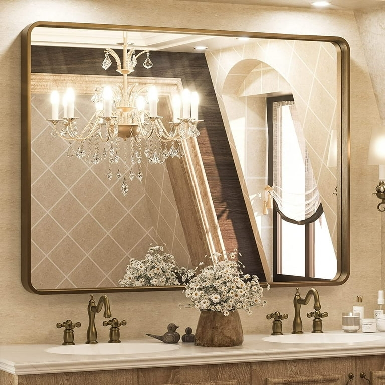 Wall Mirror Brushed Champagne Deep Set Frame, Minimalist Style.