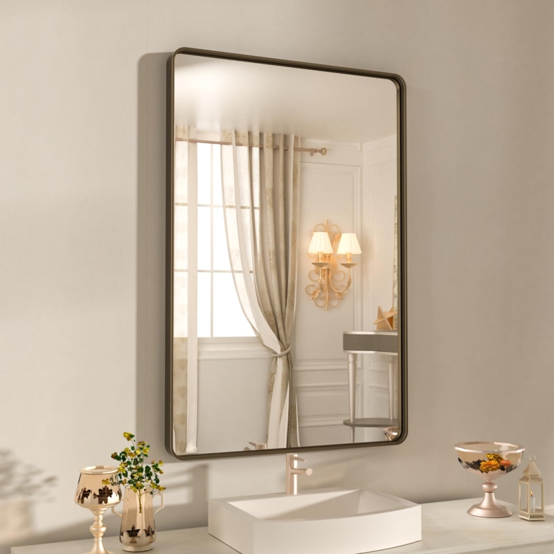 Wall Mirror Brushed Finish Rounded Rectangle, Minimalist Style.
