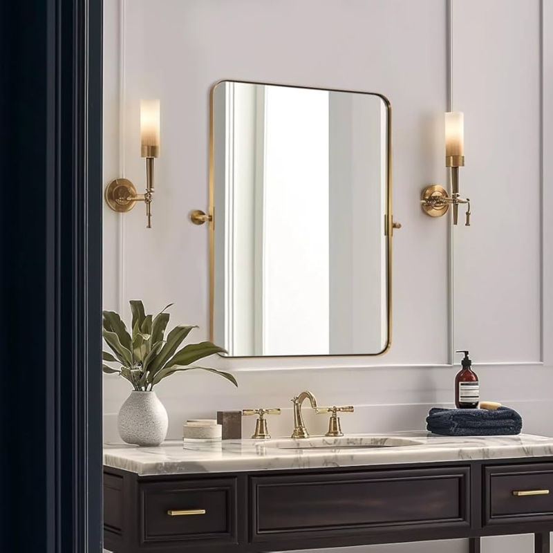 Wall Mirror Brushed Gold Finish Pivot Hardware Rounded Corners Tilting