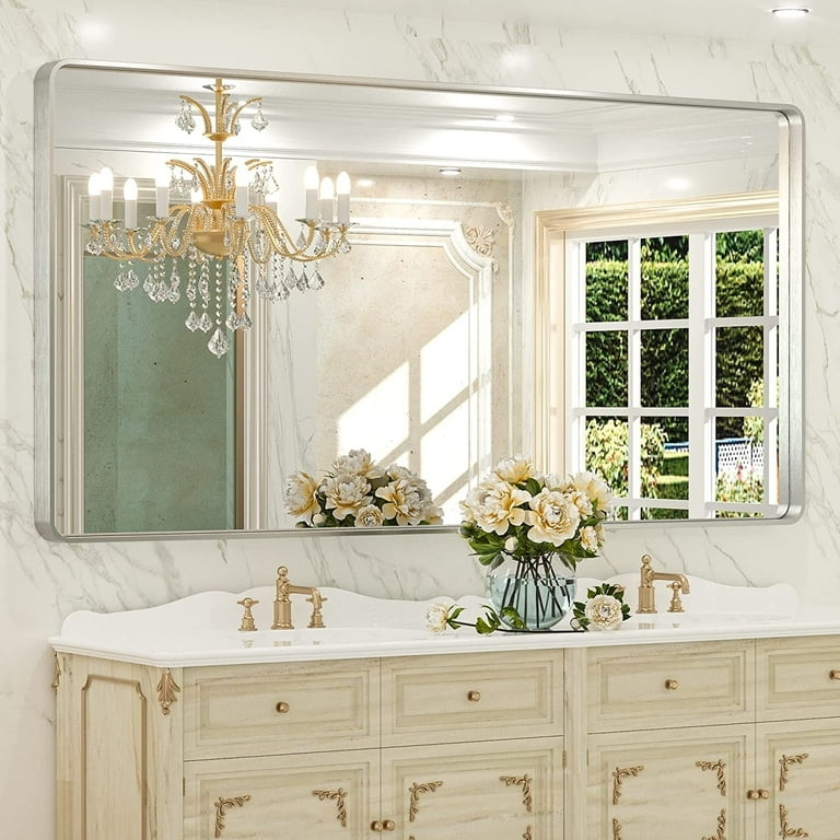 Wall Mirror Brushed Silver Finish Thin Frame Large Horizontal