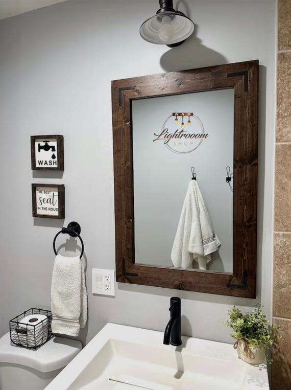Wall Mirror Chunky Plank Frame Distressed Wood Dark Tone