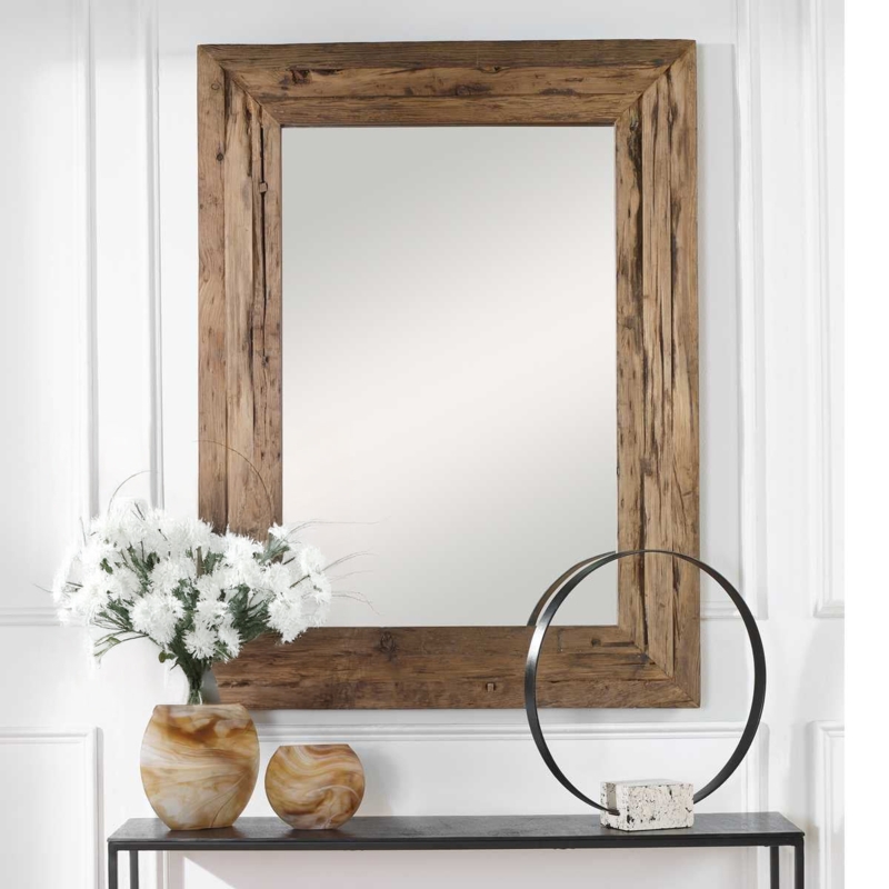 Wall Mirror Circular Inset Exposed Bolts Weathered Wood Industrial