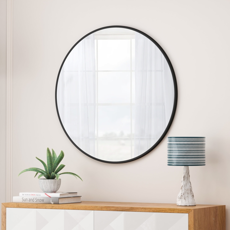 Wall Mirror Circular Slim Black Frame Matte Finish Minimalist