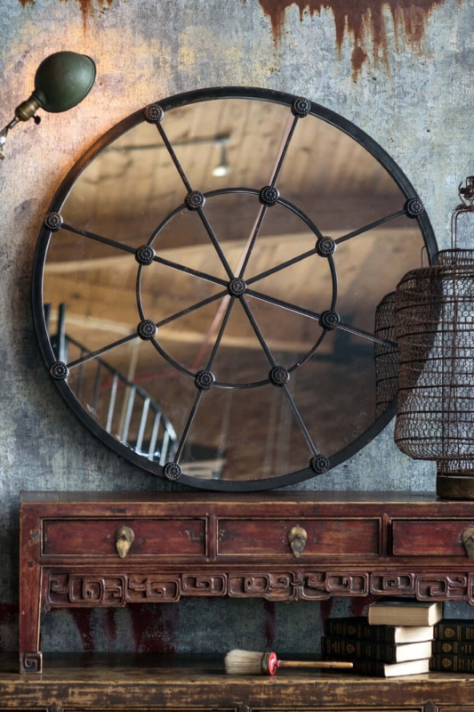 Wall Mirror, Circular Windowpane Grid, Matte Black Industrial Frame, Large