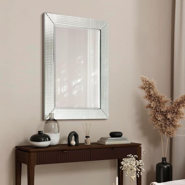 Wall Mirror Crushed Glass Border Pewter Finish Beveled Edge Sparkly