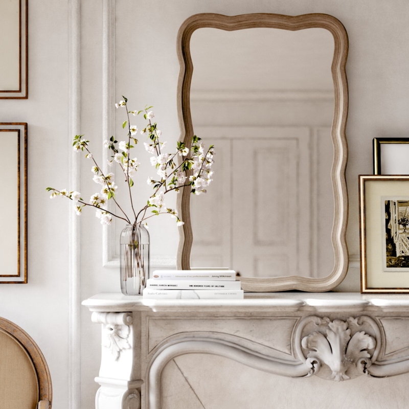 Wall Mirror Curved Inner Frame Natural Wood Grain Farmhouse Accent